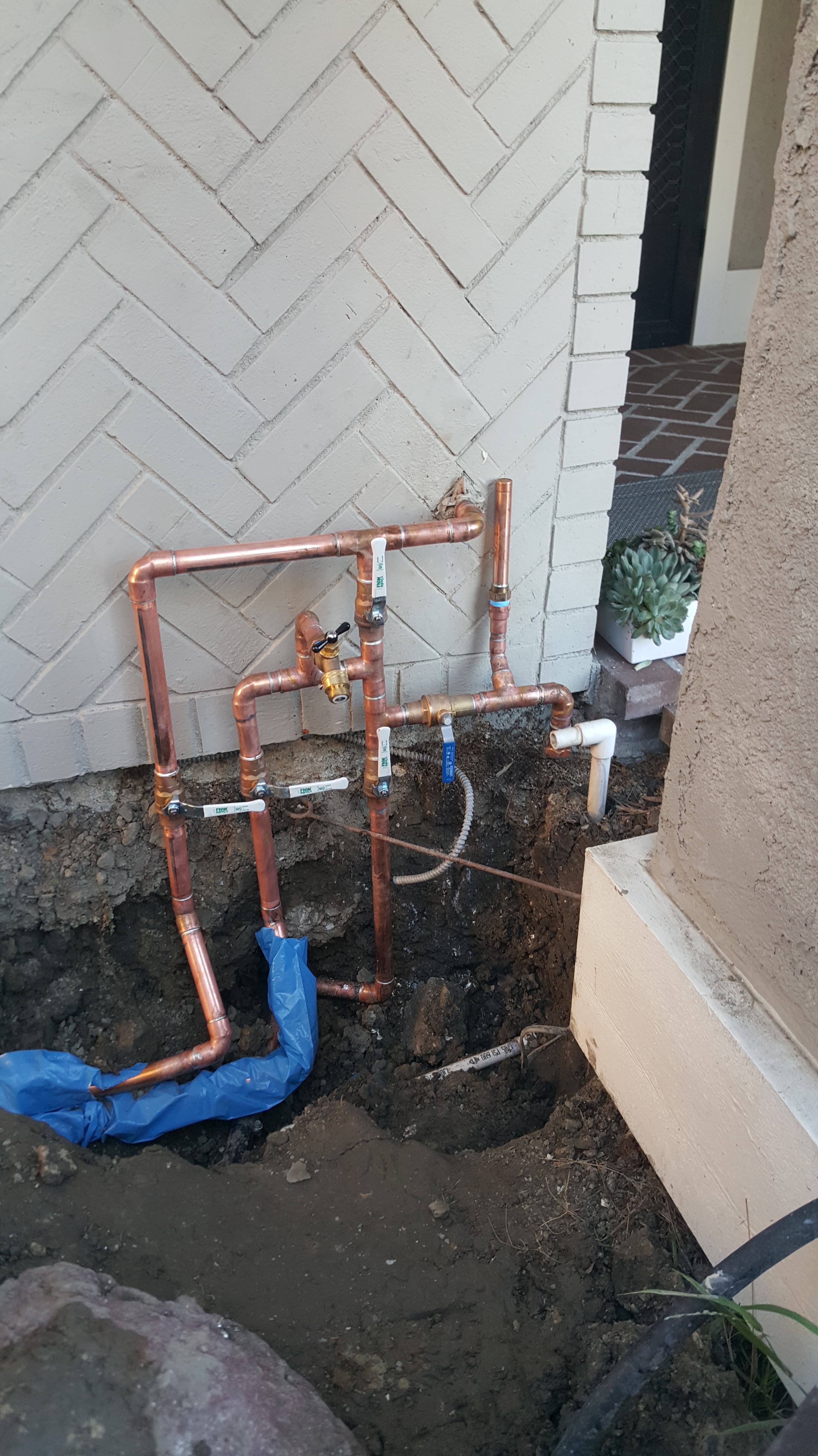 New main water manifold with copper branches and isolation valves at the exterior wall.